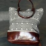 Grey and cream block-print canvas tote bag with leather base, handcrafted Rajasthan, BU184
