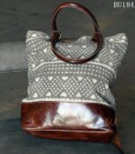 Grey and cream block-print canvas tote bag with leather base, handcrafted Rajasthan, BU184