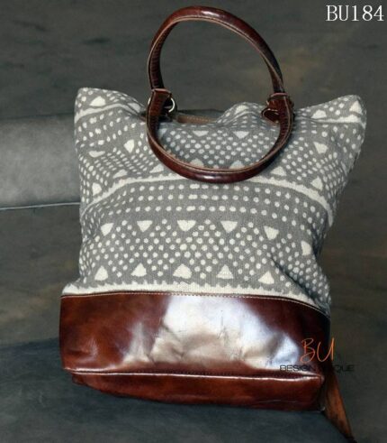 Grey and cream block-print canvas tote bag with leather base, handcrafted Rajasthan, BU184