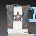 Grey and white canvas tote bag with leather star appliqués, handcrafted Rajasthan