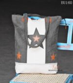 Grey and white canvas tote bag with leather star appliqués, handcrafted Rajasthan