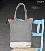 Grey and white canvas tote bag with leather star appliqués, handcrafted Rajasthan
