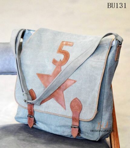 Grey canvas messenger bag with leather star appliqué and buckle straps, handcrafted Rajasthan, BU131