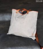 Grey canvas tote bag with printed life script and leather star appliqués, handcrafted Rajasthan, BU168