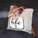 Grey canvas tote bag with printed life script and leather star appliqués, handcrafted Rajasthan, BU168
