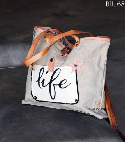 Grey canvas tote bag with printed life script and leather star appliqués, handcrafted Rajasthan, BU168