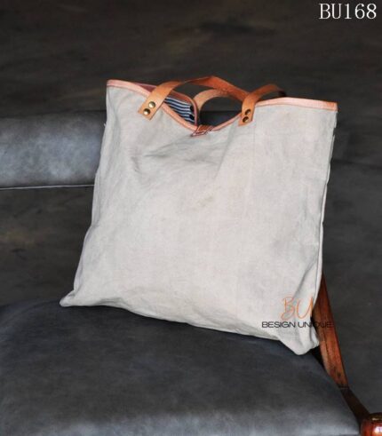Grey canvas tote bag with printed life script and leather star appliqués, handcrafted Rajasthan, BU168