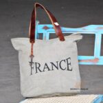 Grey canvas tote bag with vintage France print and leather handles, handcrafted Rajasthan, BU158