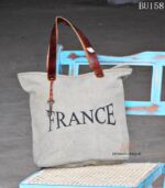 Grey canvas tote bag with vintage France print and leather handles, handcrafted Rajasthan, BU158