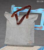 Grey canvas tote bag with vintage France print and leather handles, handcrafted Rajasthan, BU158