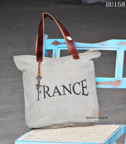 Grey canvas tote bag with vintage France print and leather handles, handcrafted Rajasthan, BU158