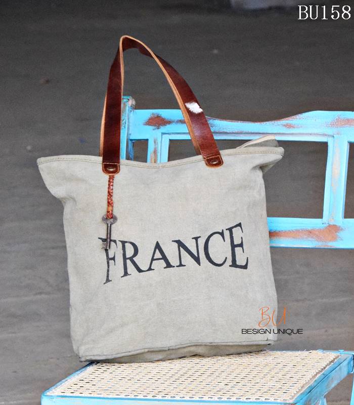 Grey canvas tote bag with vintage France print and leather handles, handcrafted Rajasthan, BU158 Grey canvas tote bag with vintage France print and leather handles, handcrafted Rajasthan, BU158