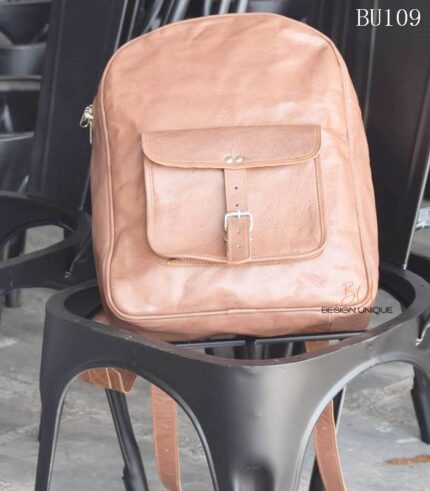 Handcrafted tan leather backpack with front buckle pocket, industrial look, Rajasthan-made, BU109