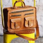 Handcrafted tan leather briefcase bag with multiple front pockets, Rajasthan-made, BU112