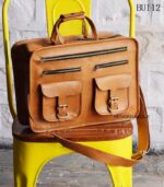 Handcrafted tan leather briefcase bag with multiple front pockets, Rajasthan-made, BU112