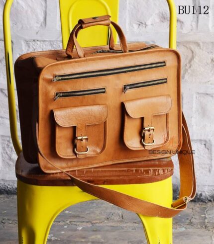 Handcrafted tan leather briefcase bag with multiple front pockets, Rajasthan-made, BU112