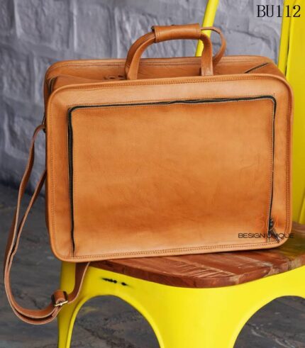 Handcrafted tan leather briefcase bag with multiple front pockets, Rajasthan-made, BU112