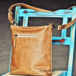 Handcrafted tan leather crossbody bag with front zip pocket, Rajasthan-made, BU151