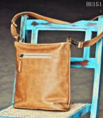 Handcrafted tan leather crossbody bag with front zip pocket, Rajasthan-made, BU151