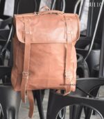 Handcrafted tan leather vintage traveler backpack with buckle straps, Rajasthan-made, BU110