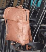 Handcrafted tan leather vintage traveler backpack with buckle straps, Rajasthan-made, BU110