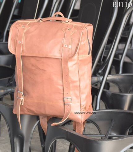 Handcrafted tan leather vintage traveler backpack with buckle straps, Rajasthan-made, BU110