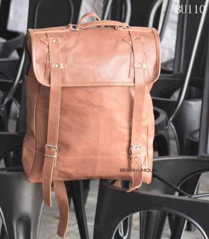 Handcrafted tan leather vintage traveler backpack with buckle straps, Rajasthan-made, BU110