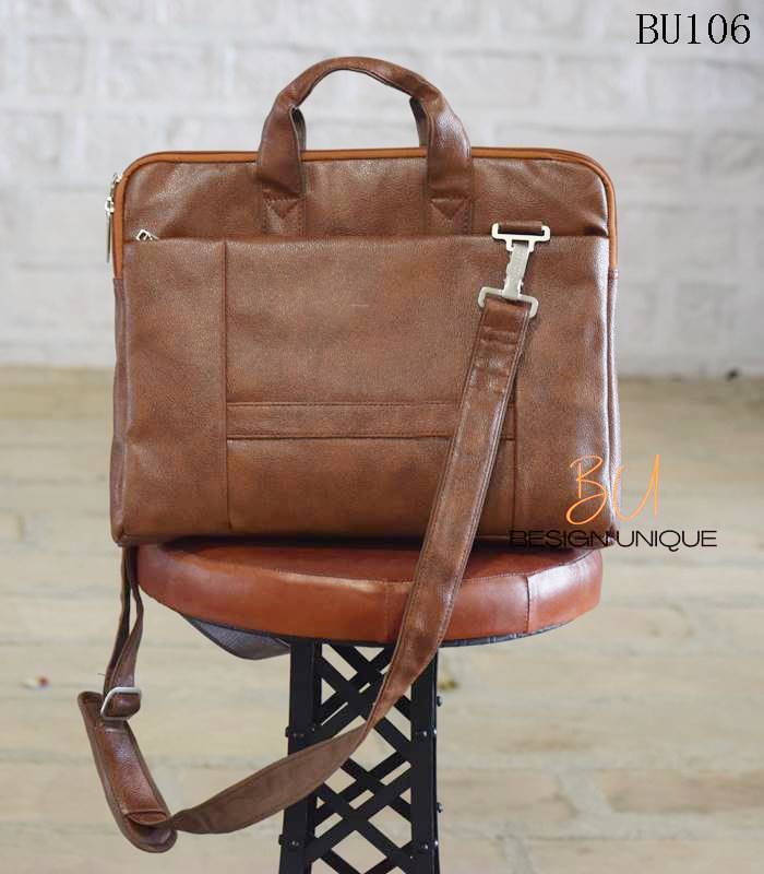 Handcrafted two-tone brown leather laptop briefcase bag, Rajasthan-made, BU106