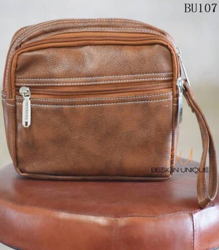 Handmade brown rexine zip pouch bag with front zip pocket, Rajasthan-made, BU107