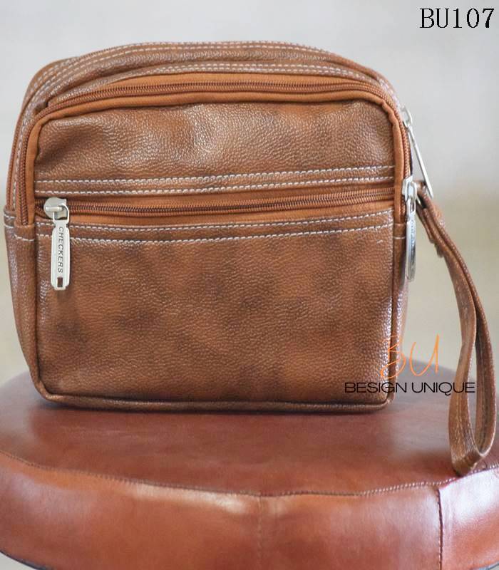 Handmade brown rexine zip pouch bag with front zip pocket, Rajasthan-made, BU107
