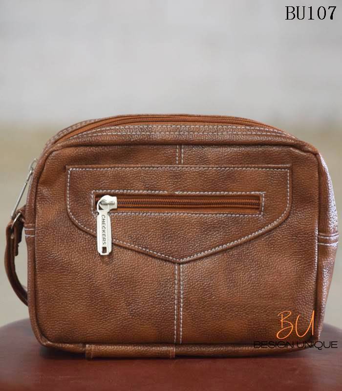 Handmade brown rexine zip pouch bag with front zip pocket, Rajasthan-made, BU107