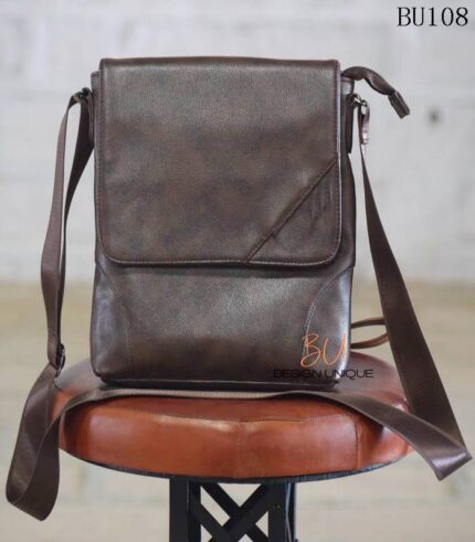 Handmade dark brown leather crossbody sling bag, Rajasthan-made