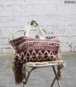 Handwoven cream and maroon jacquard fringe tote bag, handcrafted Rajasthan, BUB205