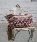 Handwoven cream and maroon jacquard fringe tote bag, handcrafted Rajasthan, BUB205