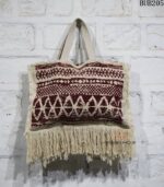 Handwoven cream and maroon jacquard fringe tote bag, handcrafted Rajasthan, BUB205