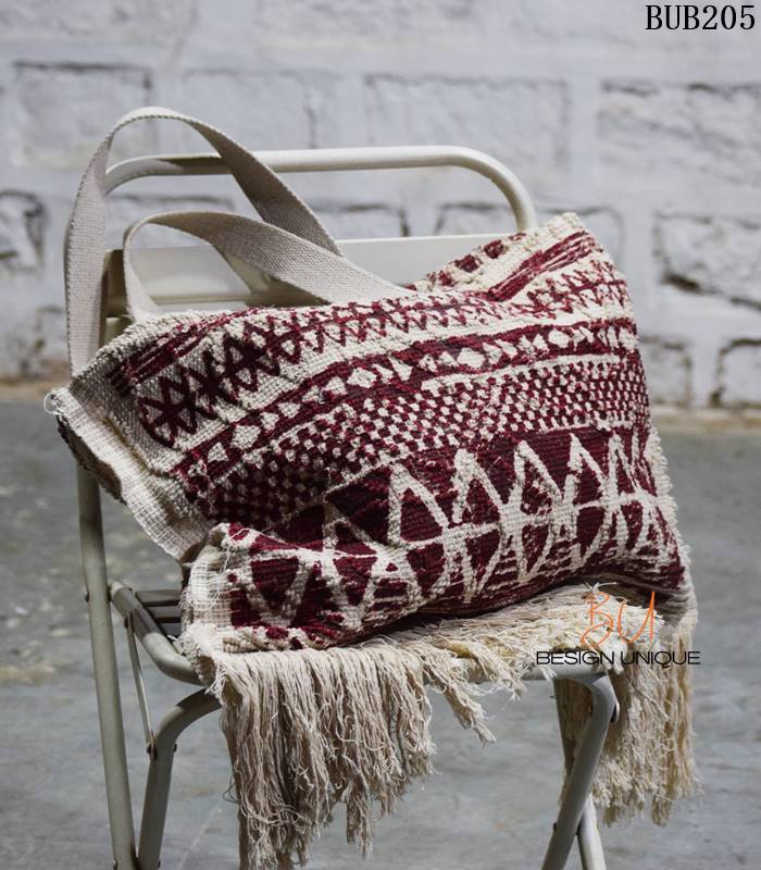 Handwoven cream and maroon jacquard fringe tote bag, handcrafted Rajasthan, BUB205 (4) Handwoven cream and maroon jacquard fringe tote bag, handcrafted Rajasthan, BUB205