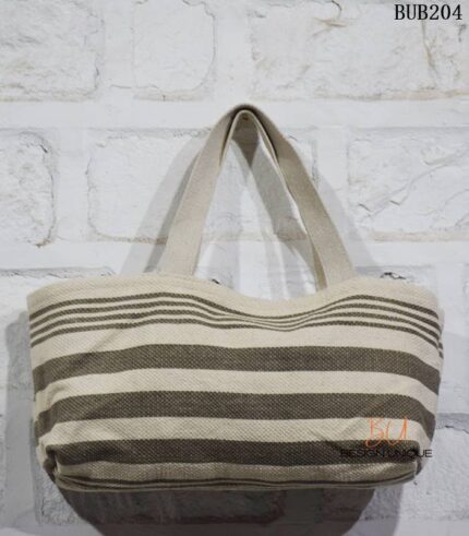 Handwoven grey and cream striped cotton tote bag, handcrafted Rajasthan, BUB204