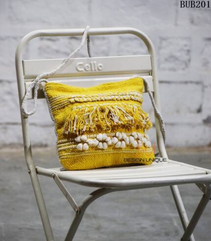 Handwoven mustard yellow fringe tassel sling bag, handcrafted Rajasthan, BUB201