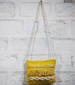 Handwoven mustard yellow fringe tassel sling bag, handcrafted Rajasthan, BUB201