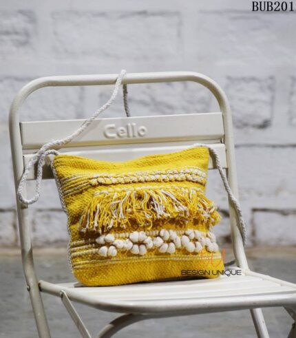 Handwoven mustard yellow fringe tassel sling bag, handcrafted Rajasthan, BUB201