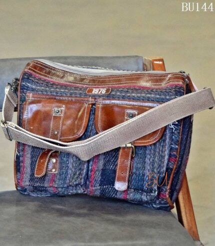 Kambal wool blanket fabric messenger bag with leather trim, handcrafted Rajasthan, BU144