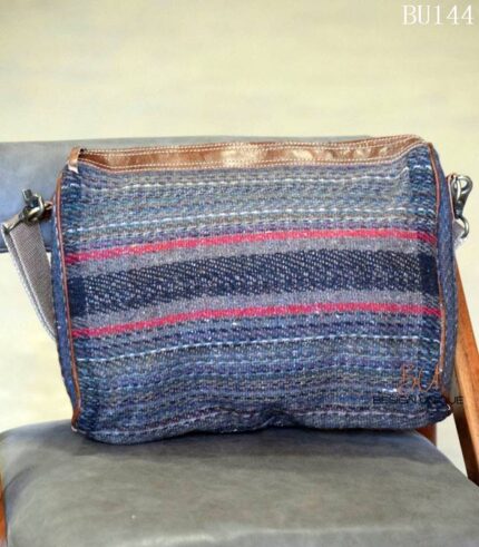 Kambal wool blanket fabric messenger bag with leather trim, handcrafted Rajasthan, BU144
