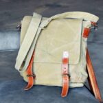 Khaki canvas messenger bag with leather buckle straps, handcrafted Rajasthan, BU167