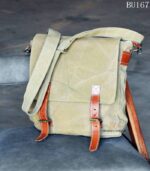Khaki canvas messenger bag with leather buckle straps, handcrafted Rajasthan, BU167
