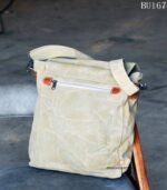 Khaki canvas messenger bag with leather buckle straps, handcrafted Rajasthan, BU167