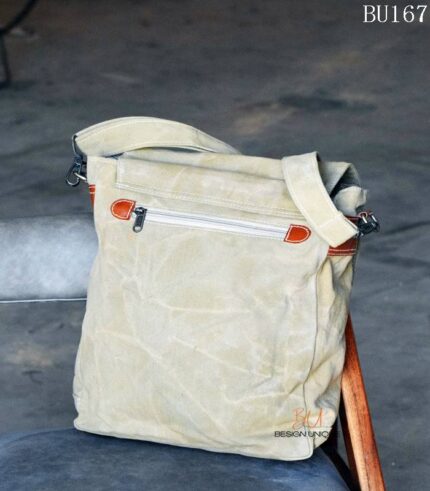 Khaki canvas messenger bag with leather buckle straps, handcrafted Rajasthan, BU167