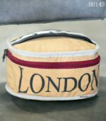 Mustard canvas vanity pouch bag with London print and cowhide handle, handcrafted Rajasthan, BU143