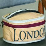 Mustard canvas vanity pouch bag with London print and cowhide handle, handcrafted Rajasthan, BU143