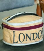 Mustard canvas vanity pouch bag with London print and cowhide handle, handcrafted Rajasthan, BU143