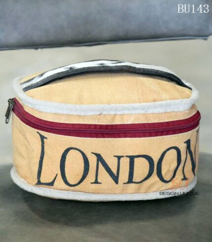 Mustard canvas vanity pouch bag with London print and cowhide handle, handcrafted Rajasthan, BU143